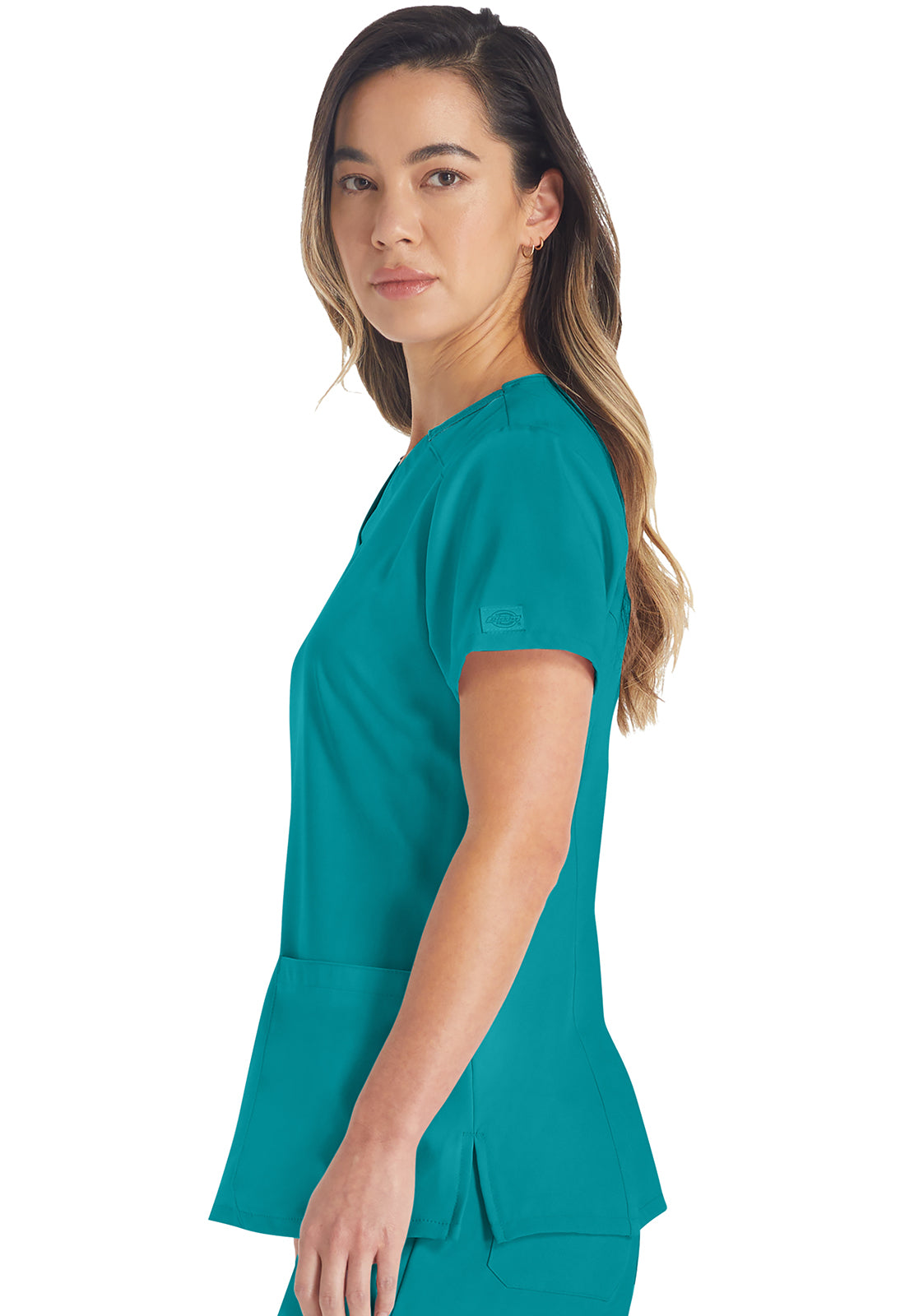 EDS Essentials DK615 V-Neck Top Teal Blue Model Image Right Side | Dickies