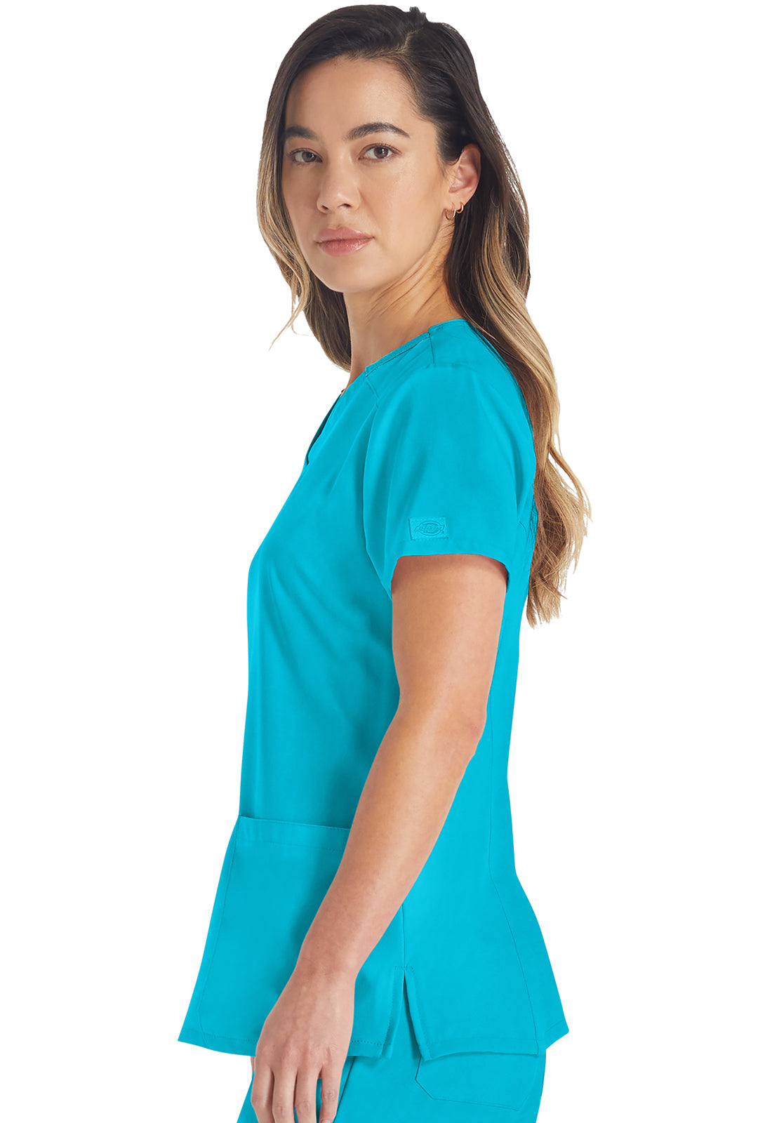 EDS Essentials DK615 V-Neck Top Turquoise Model Image Right Side | Dickies