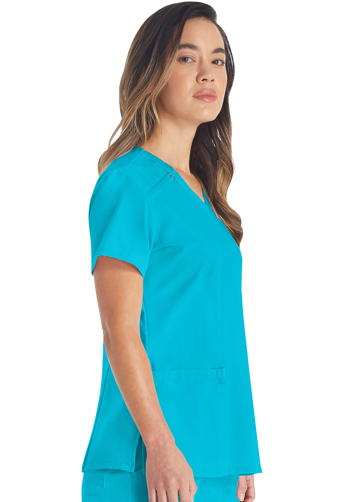 EDS Essentials DK615 V-Neck Top Turquoise Model Image Left Side | Dickies