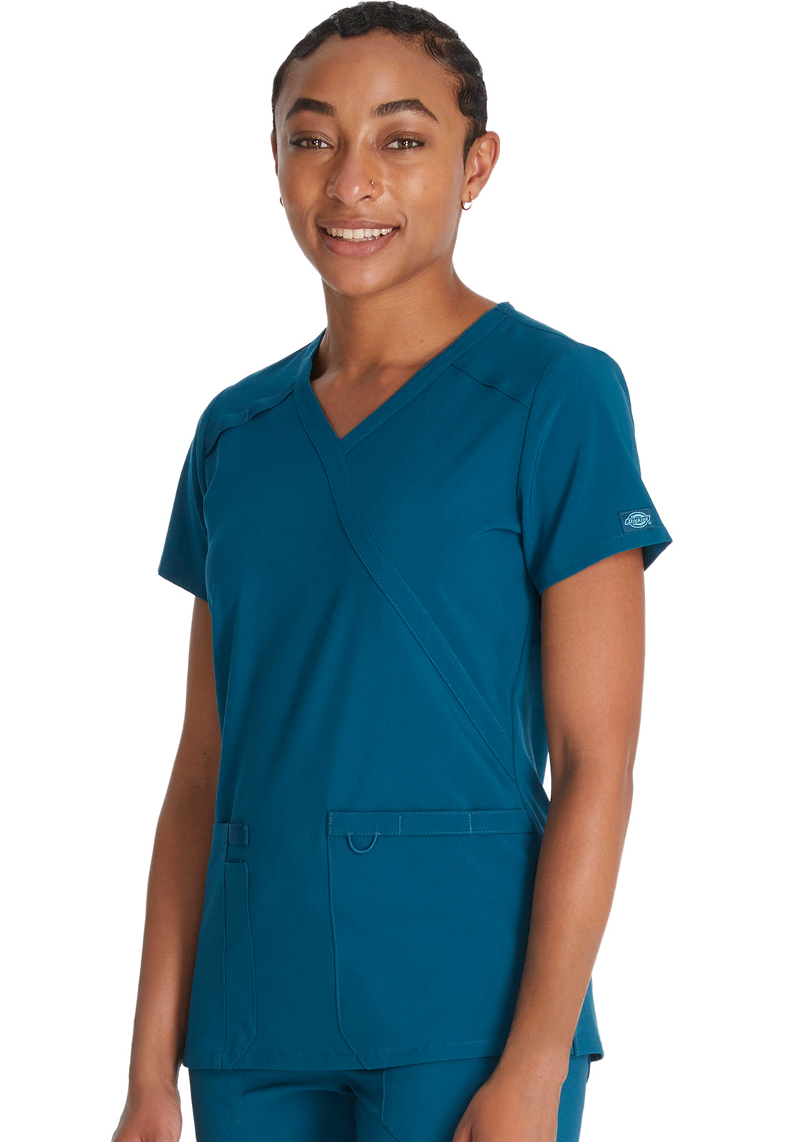 EDS Essentials DK625 Mock Wrap Top Caribbean Blue Model Image Right Side | Dickies