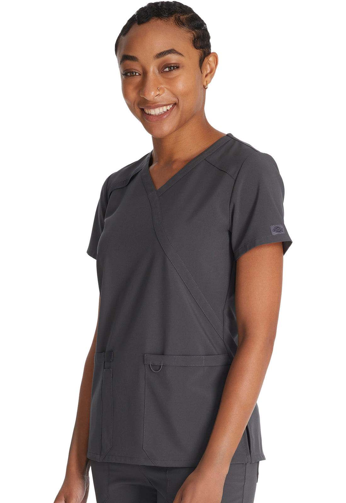 EDS Essentials DK625 Mock Wrap Top Pewter Model Image Right Side | Dickies