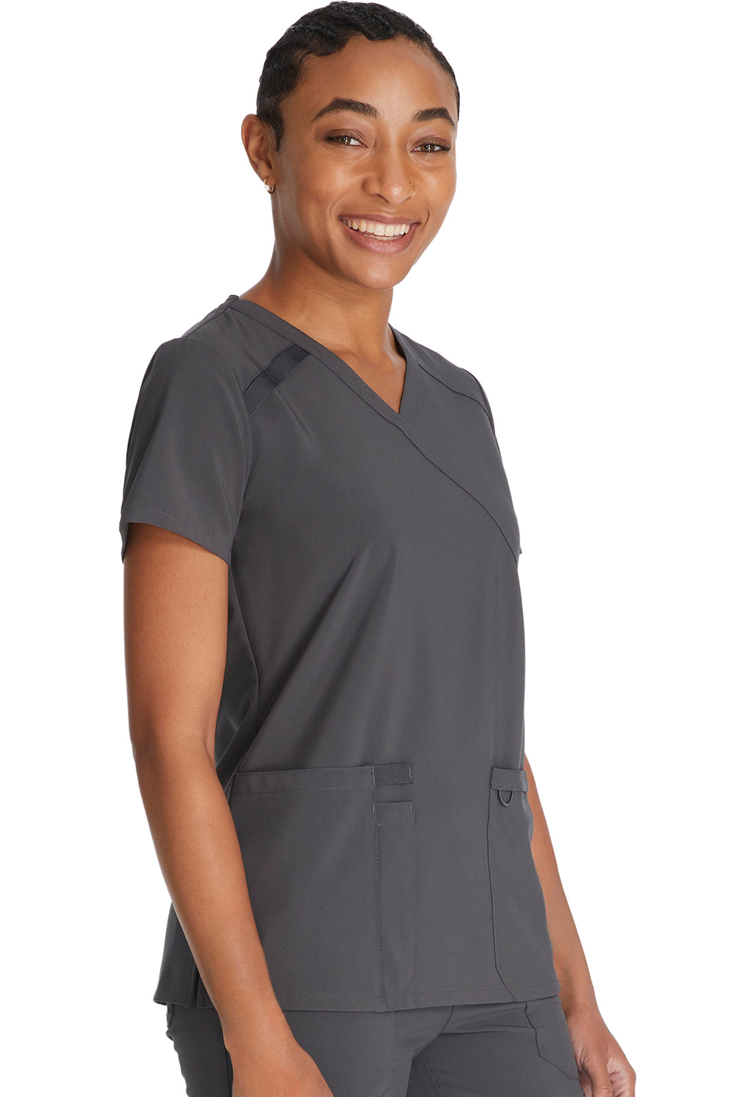 EDS Essentials DK625 Mock Wrap Top Pewter Model Image Left Side | Dickies