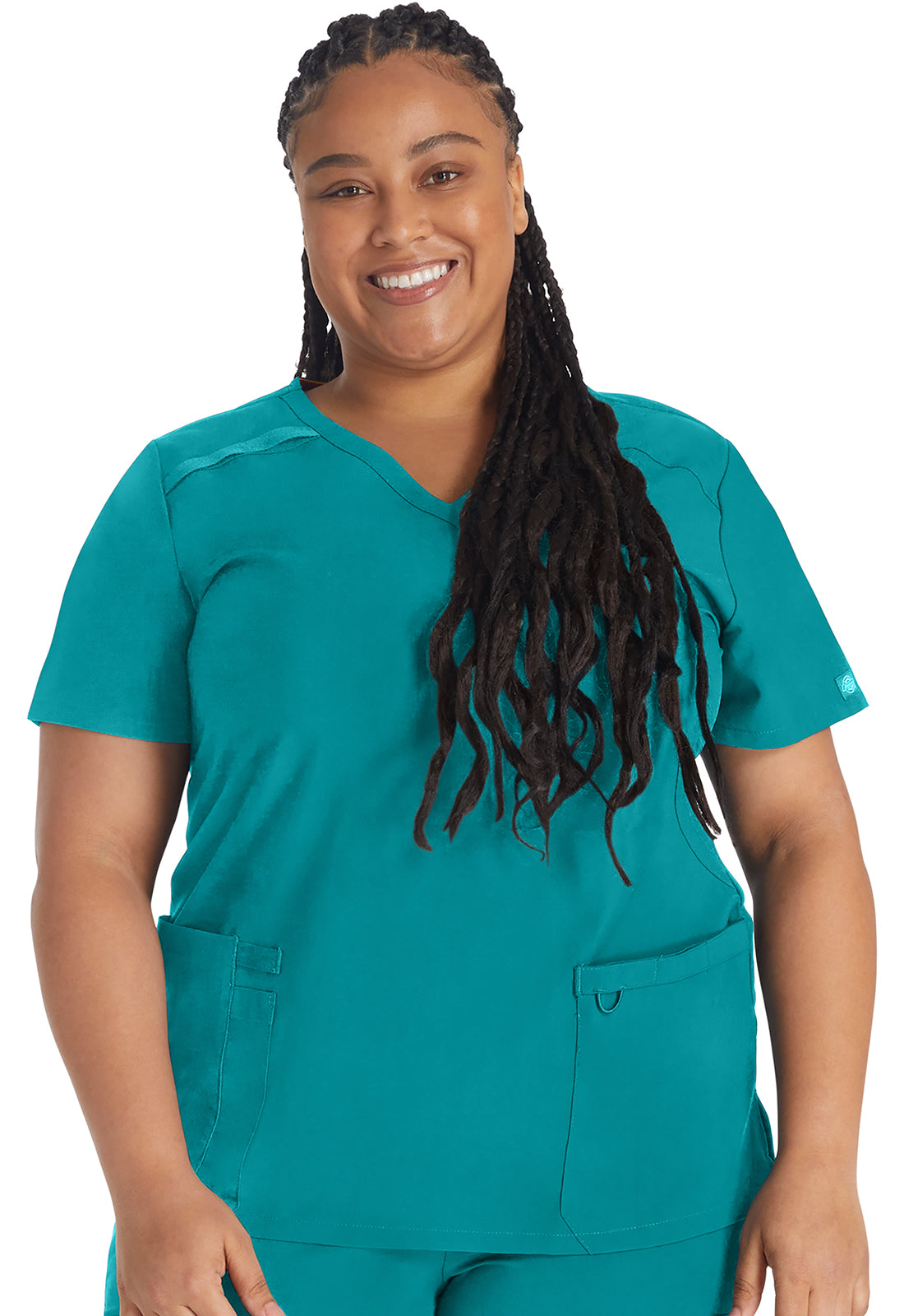 EDS Essentials DK625 Mock Wrap Top Teal Blue Model Image Front | Dickies