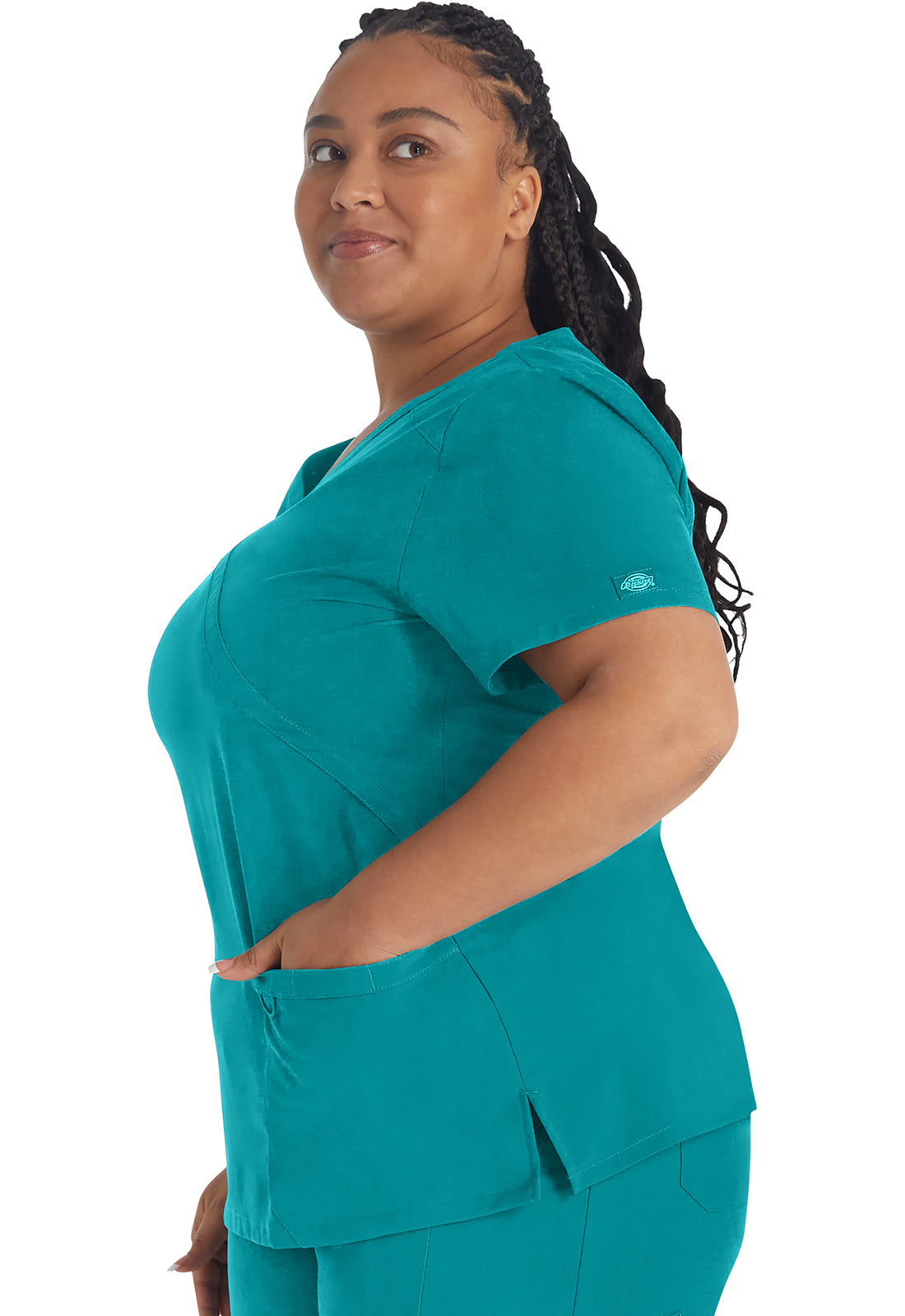 EDS Essentials DK625 Mock Wrap Top Teal Blue Model Image Right Side | Dickies