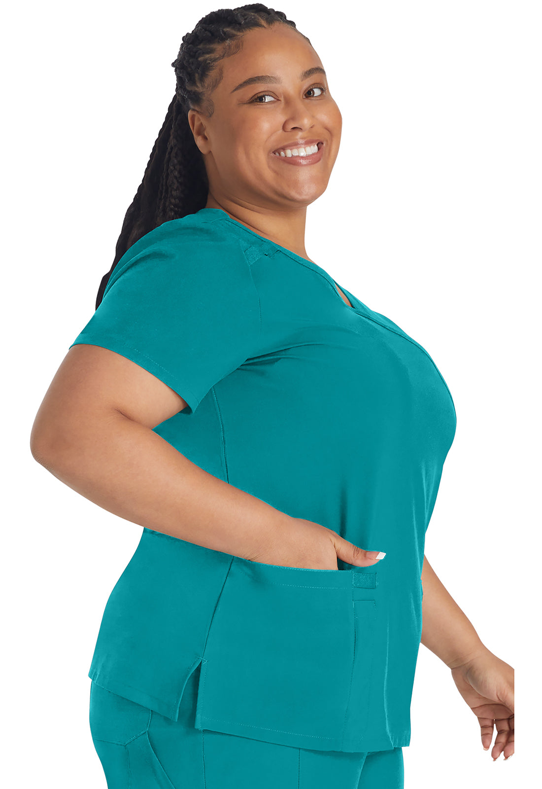 EDS Essentials DK625 Mock Wrap Top Teal Blue Model Image Left Side | Dickies