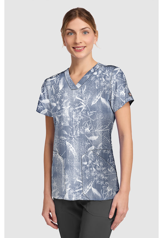 EDS DK667 Women's V-Neck Print Scrub Top Dappled Plaid