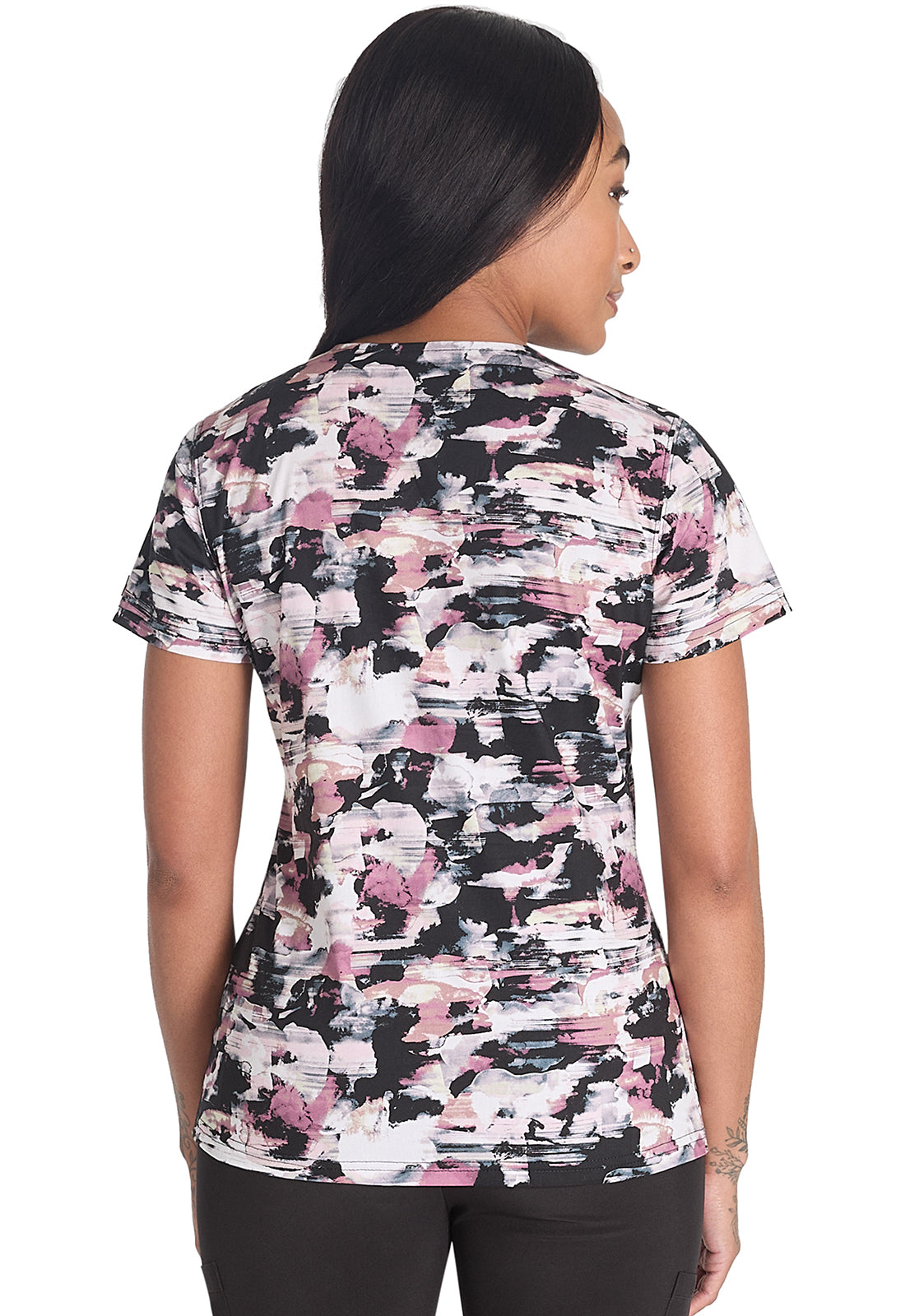 Prints DK667 V-Neck Print Top Extreme Camo Model Image Back | Dickies