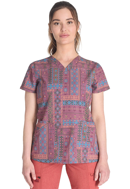 Prints DK667 V-Neck Print Top Fair Isle Patch Model Image Front | Dickies