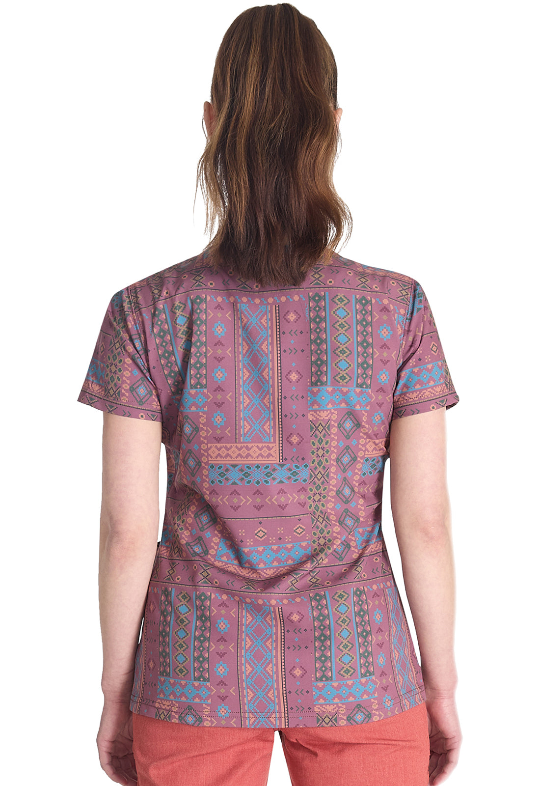 Prints DK667 V-Neck Print Top Fair Isle Patch Model Image Back | Dickies