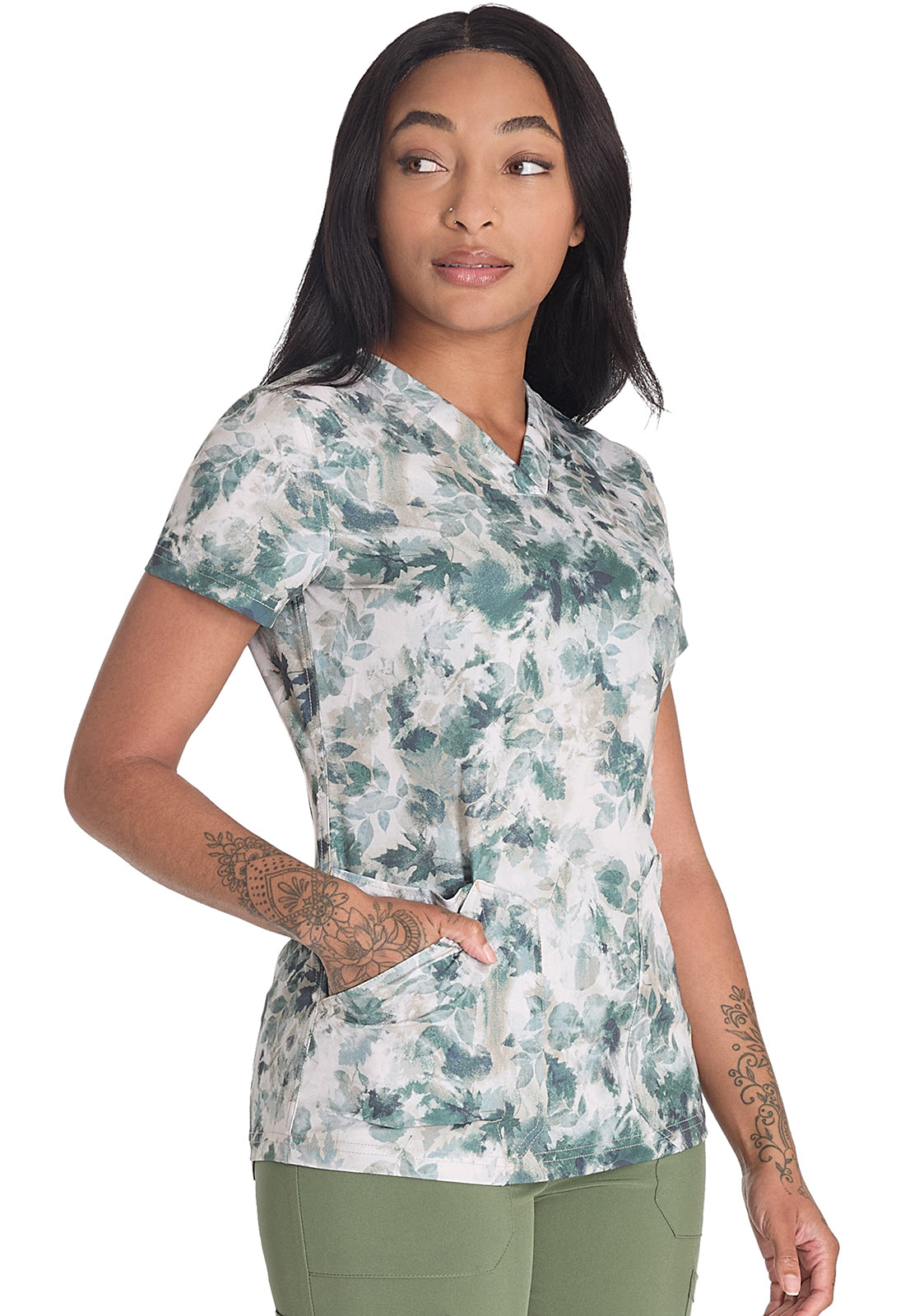 Prints DK667 V-Neck Print Top Nature Trail Model Image Left Side | Dickies