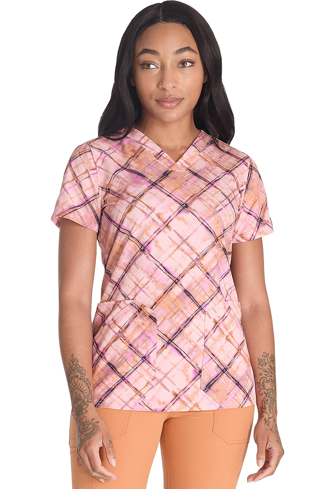 Prints DK667 V-Neck Print Top Paint By Plaid Model Image Front | Dickies