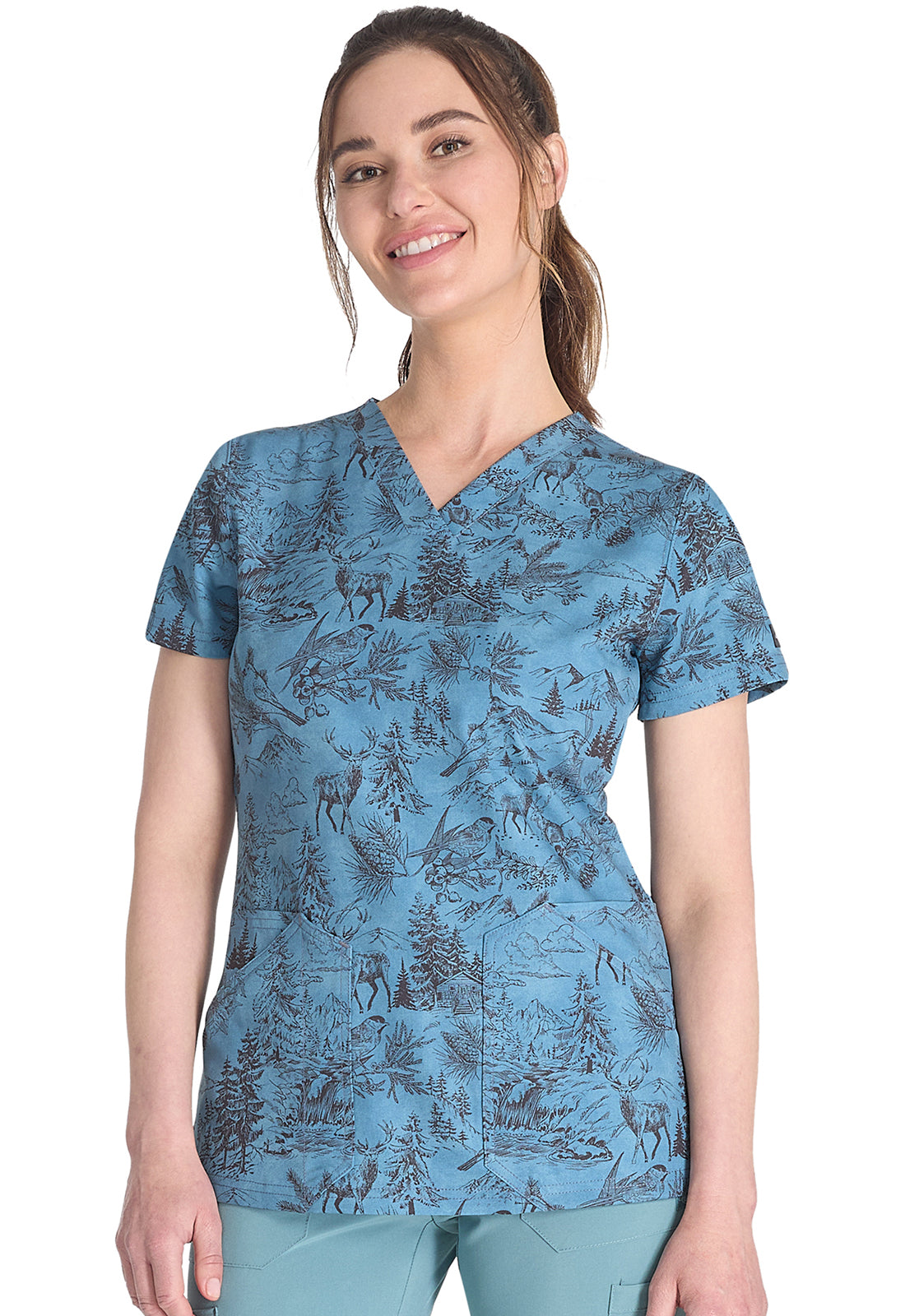 Prints DK667 V-Neck Print Top Rustic Toile Model Image Right Side | Dickies