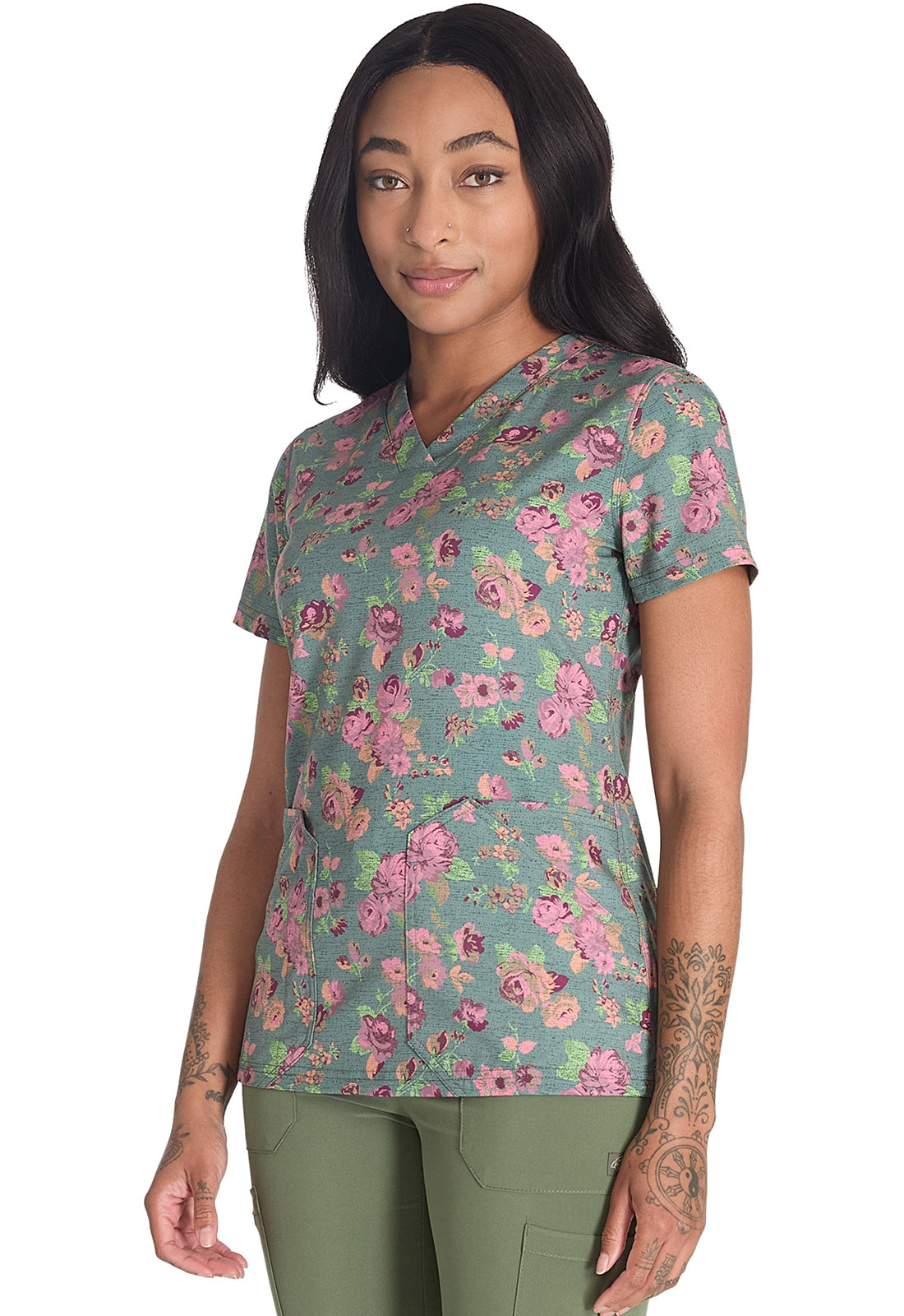 Prints DK667 V-Neck Print Top Tapestry Tale Model Image Right Side | Dickies