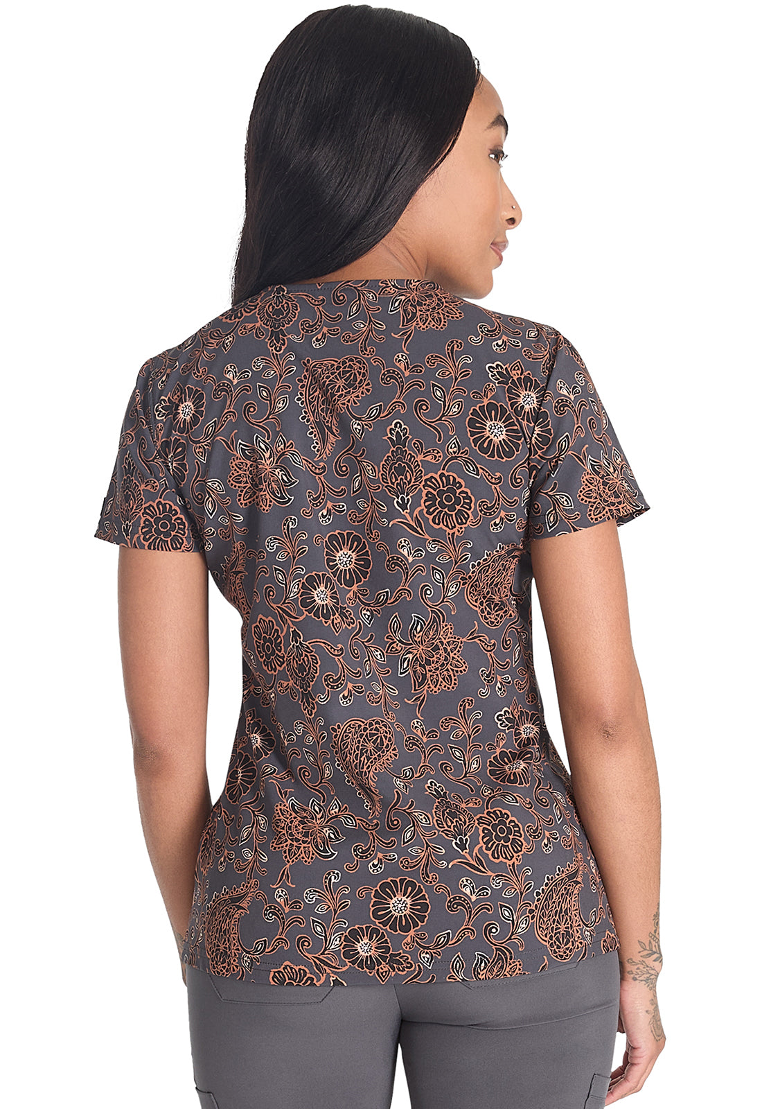 Prints DK667 V-Neck Print Top Western Floral Model Image Back | Dickies