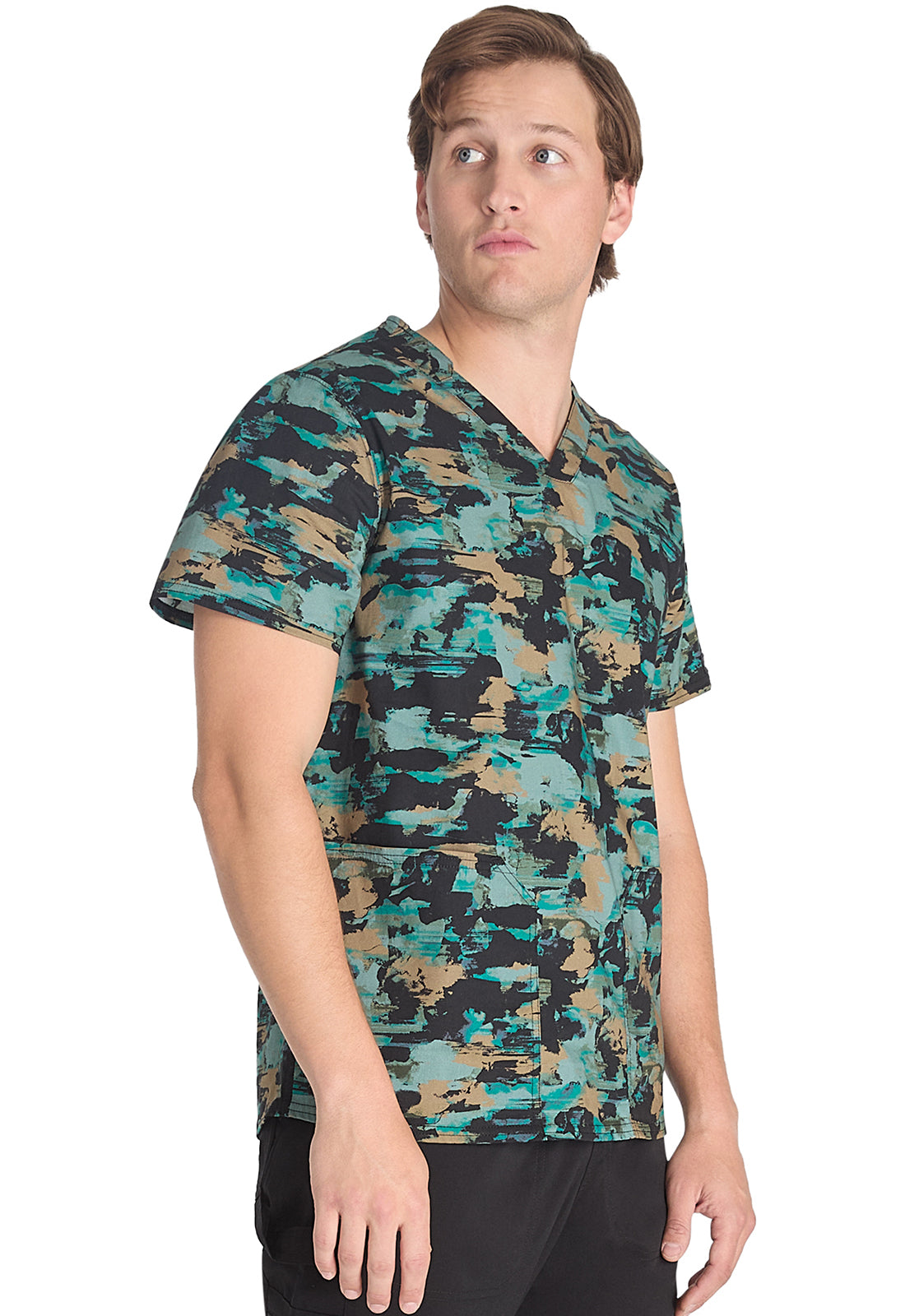 Prints DK668 Men's V-Neck Print Top Extreme Camo Bronze Model Image Left Side | Dickies