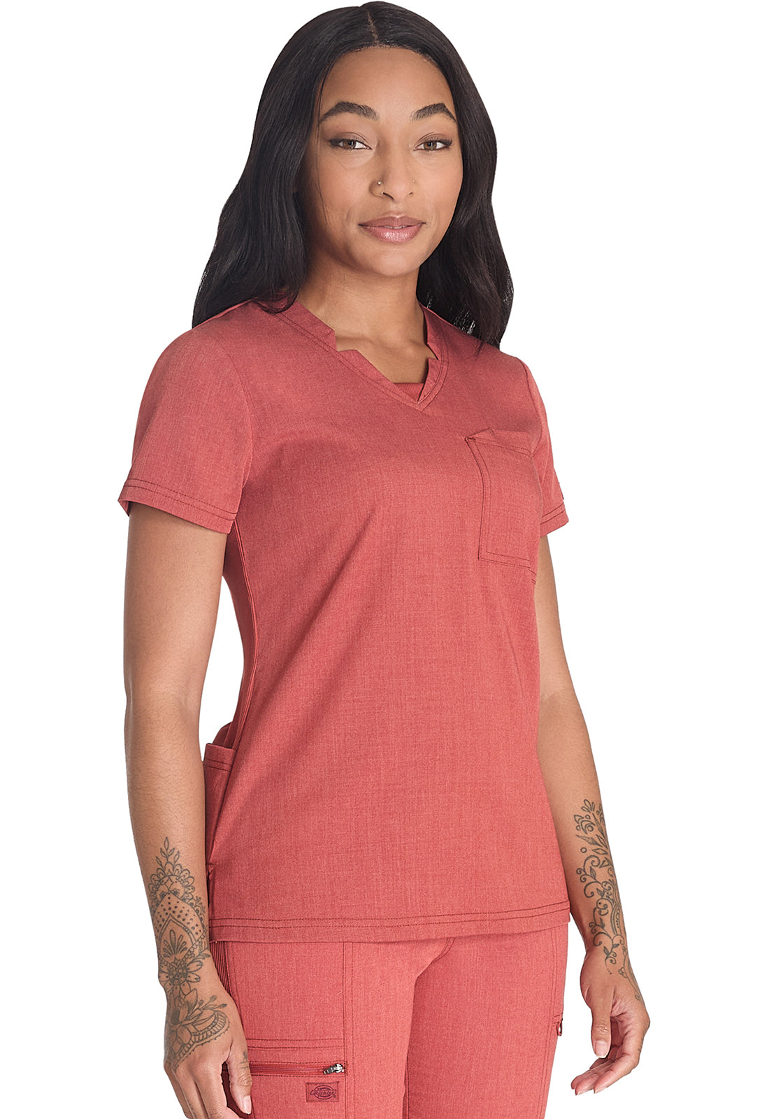 Balance DK671 Notched V-Neck Top Heather Clay Model Image Left Side | Dickies