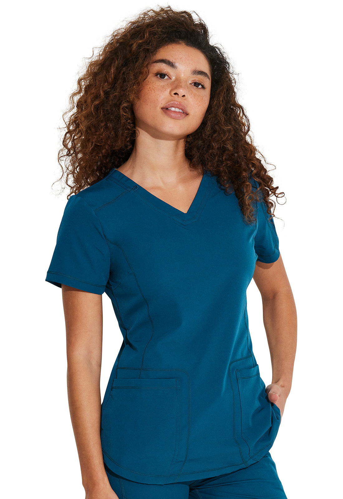 Dynamix DK730 V-Neck Top Caribbean Blue Model Image Left Side | Dickies