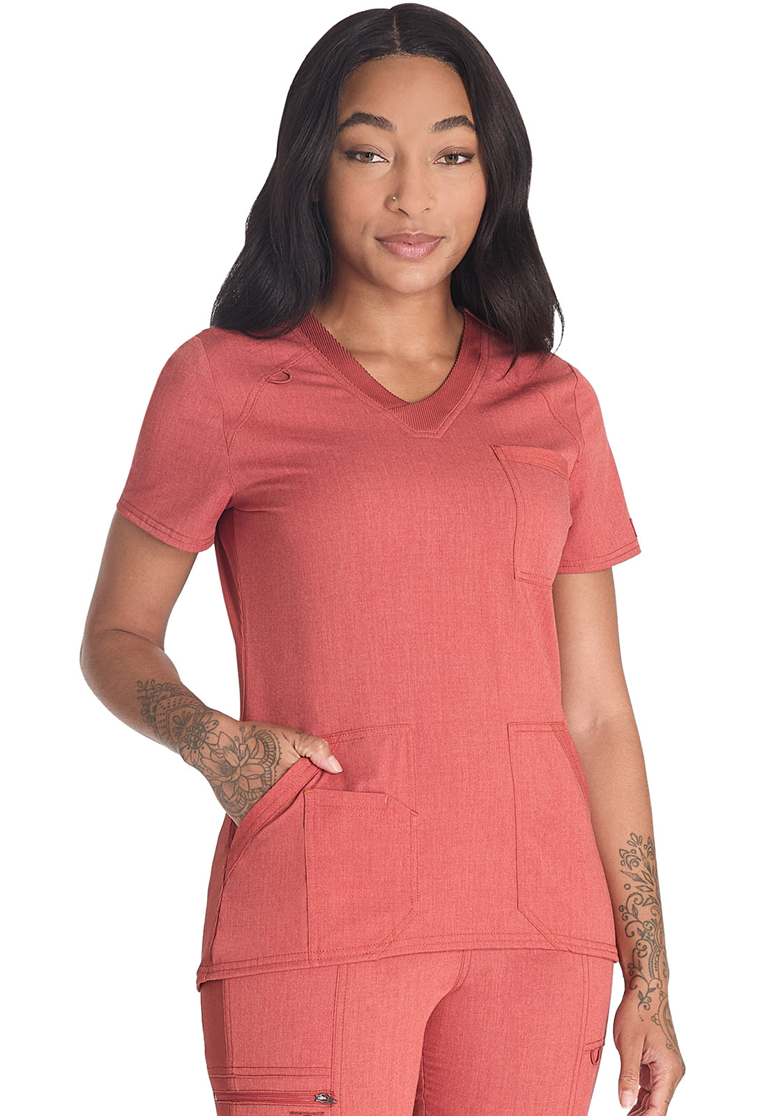 Balance DK834 V-Neck Top Heather Clay Model Image Left Side | Dickies