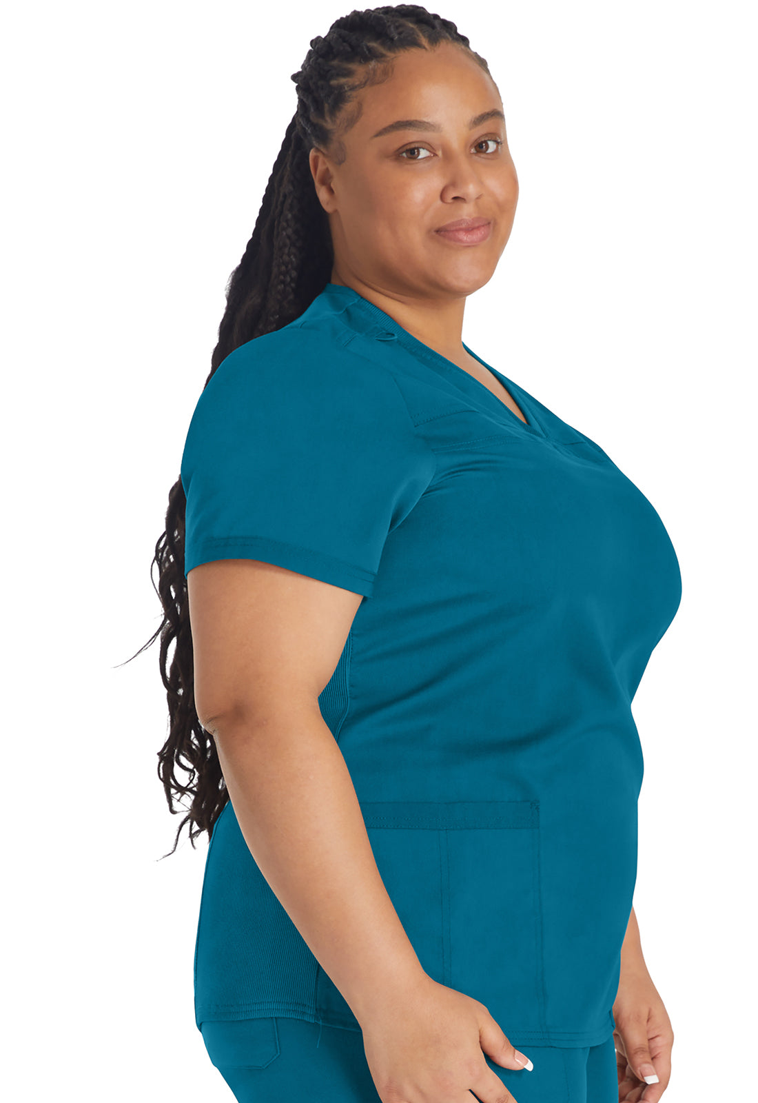 Balance DK870 V-Neck Top With Rib Knit Panels Caribbean Blue Model Image Left Side | Dickies