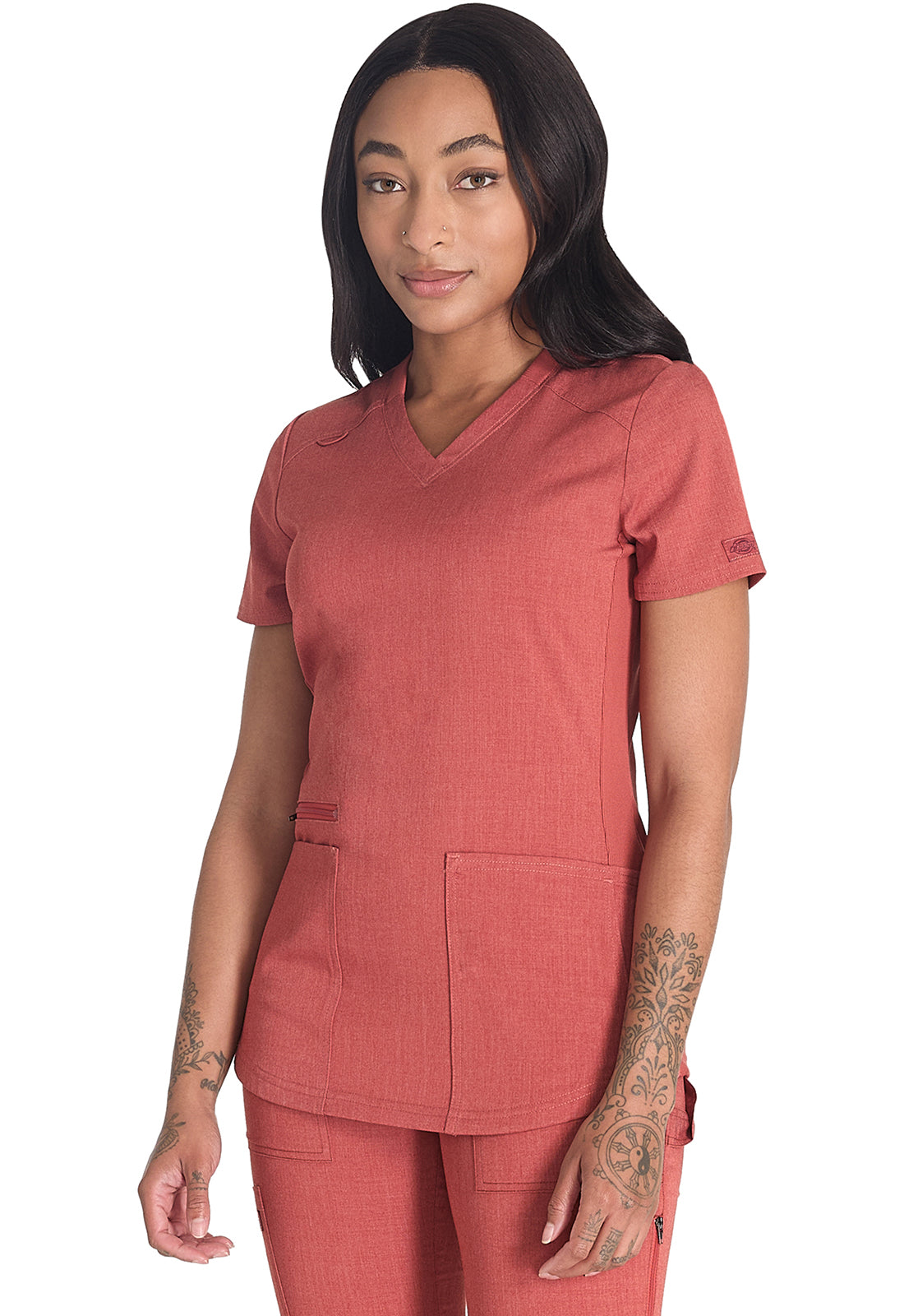 Balance DK875 V-Neck Top Heather Clay Model Image Right Side | Dickies