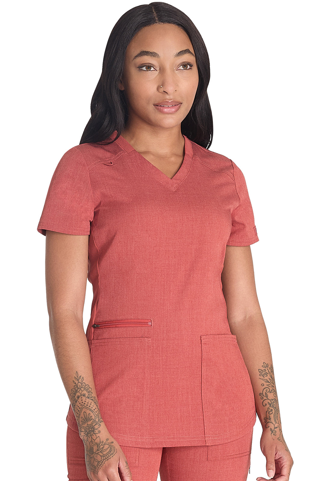 Balance DK875 V-Neck Top Heather Clay Model Image Left Side | Dickies