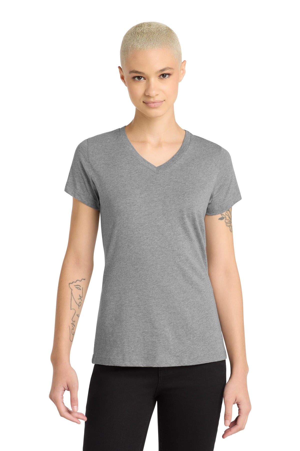 District Women's Perfect Blend CVC V-Neck Tee DM1190L Grey Frost