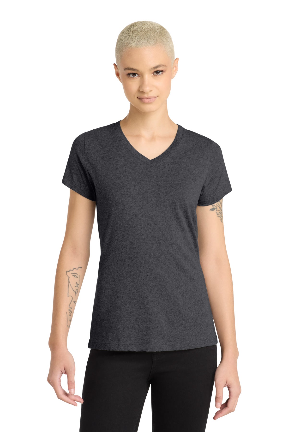 District Women's Perfect Blend CVC V-Neck Tee DM1190L Heathered Charcoal