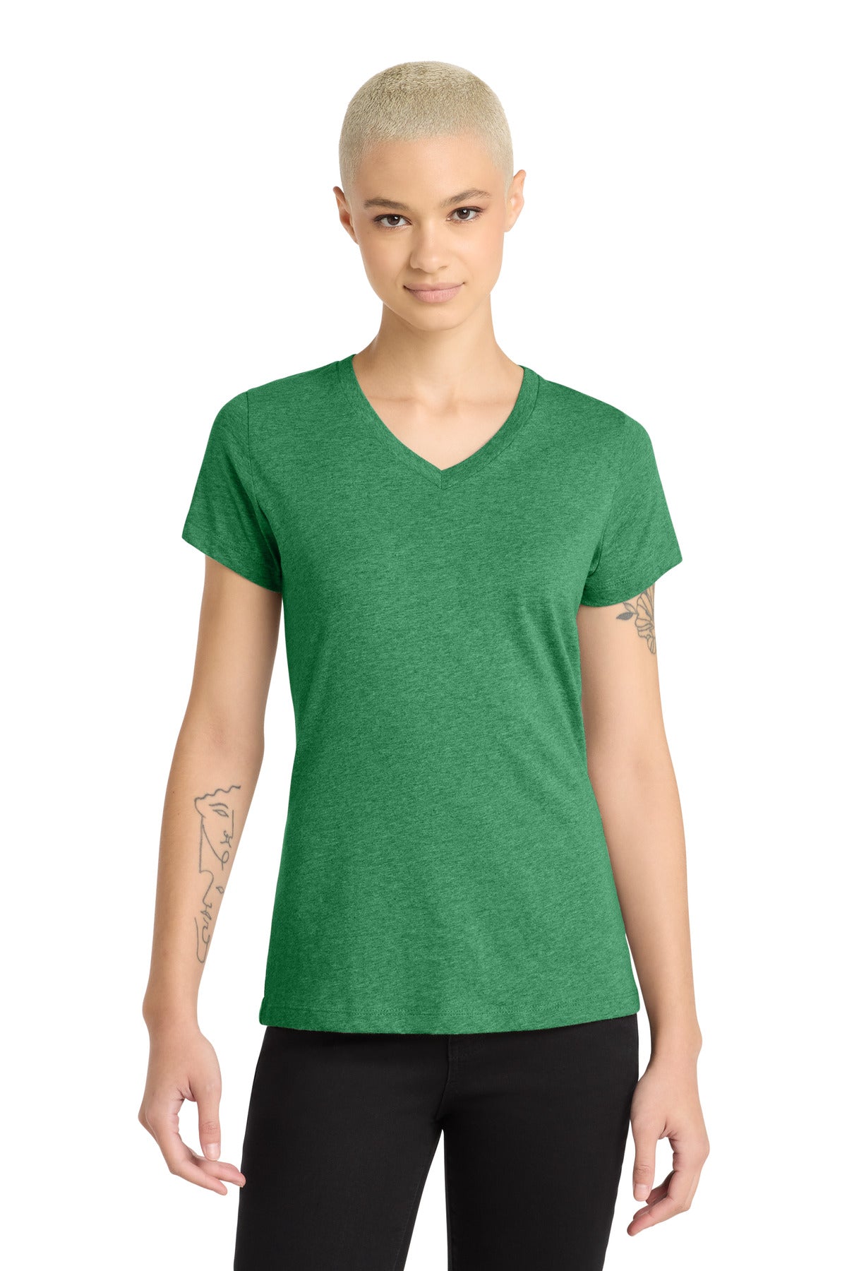 District Women's Perfect Blend CVC V-Neck Tee DM1190L Heathered Kelly Green