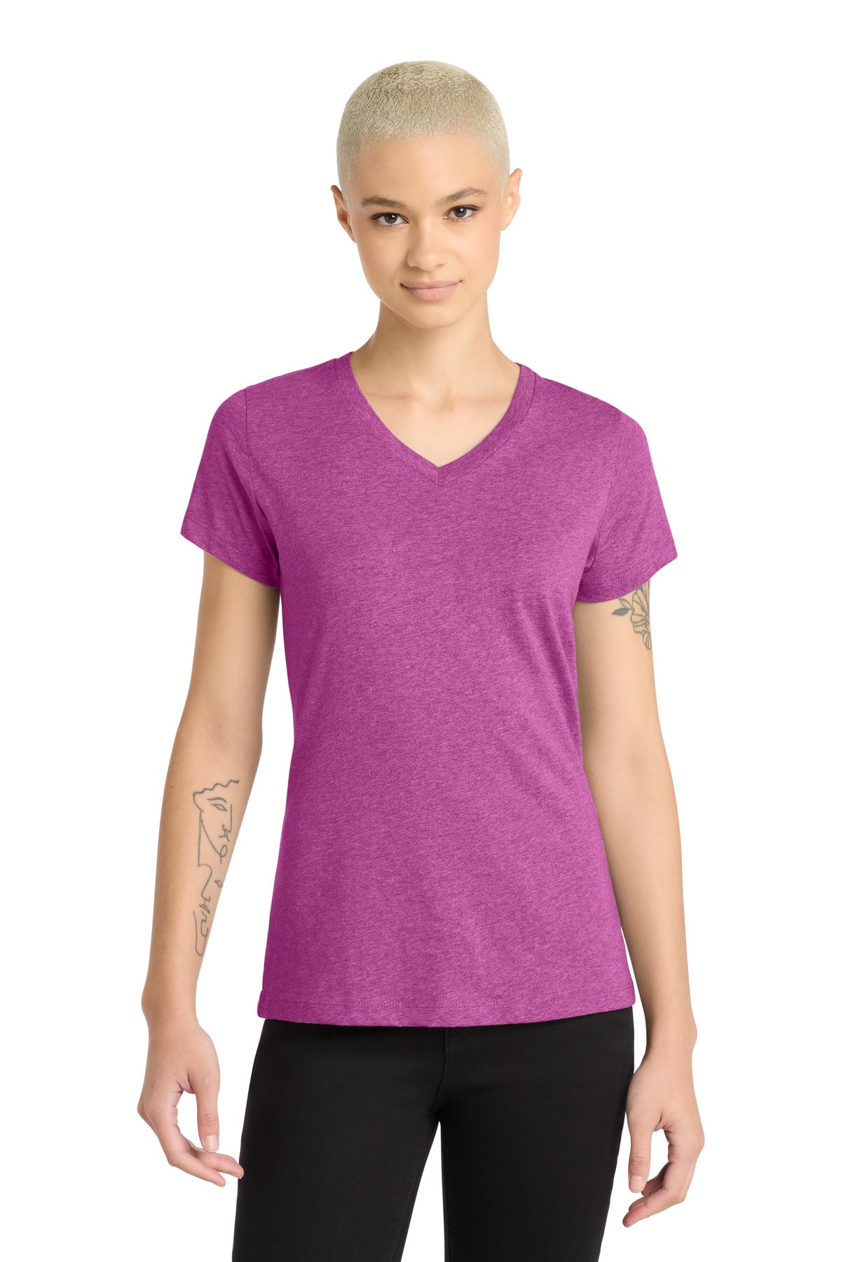 District Women's Perfect Blend CVC V-Neck Tee DM1190L Heathered Pink Raspberry