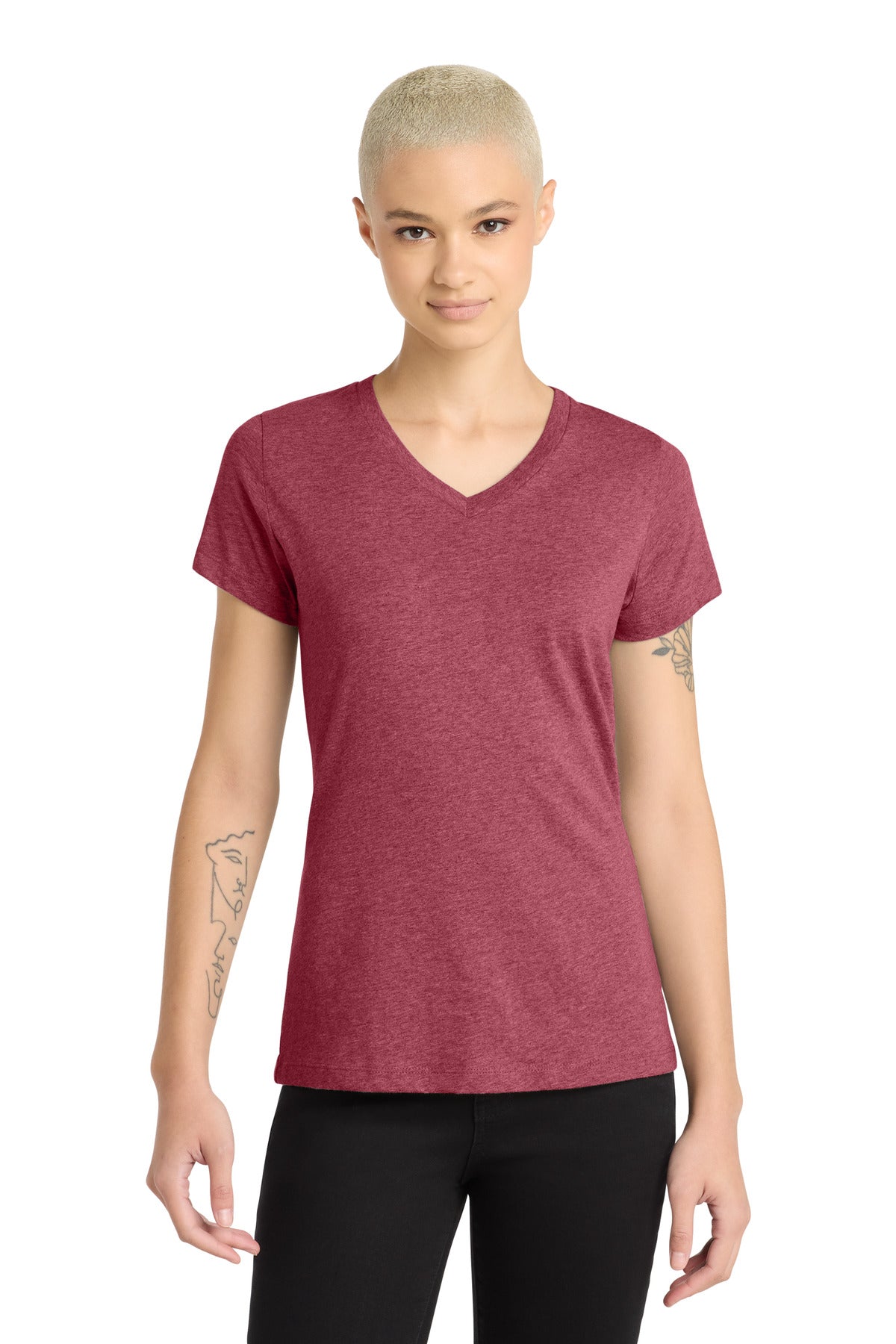 District Women's Perfect Blend CVC V-Neck Tee DM1190L Heathered Red
