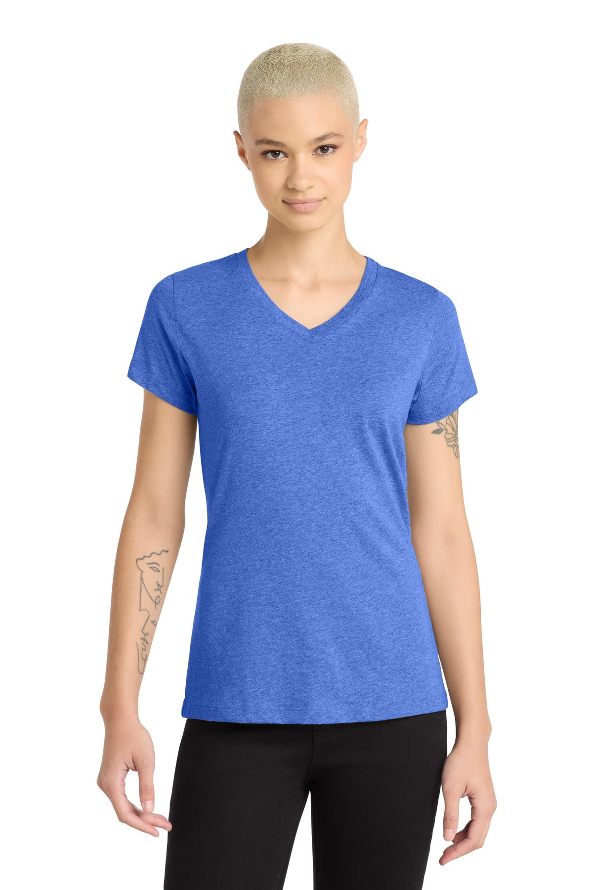 District Women's Perfect Blend CVC V-Neck Tee DM1190L Heathered Royal
