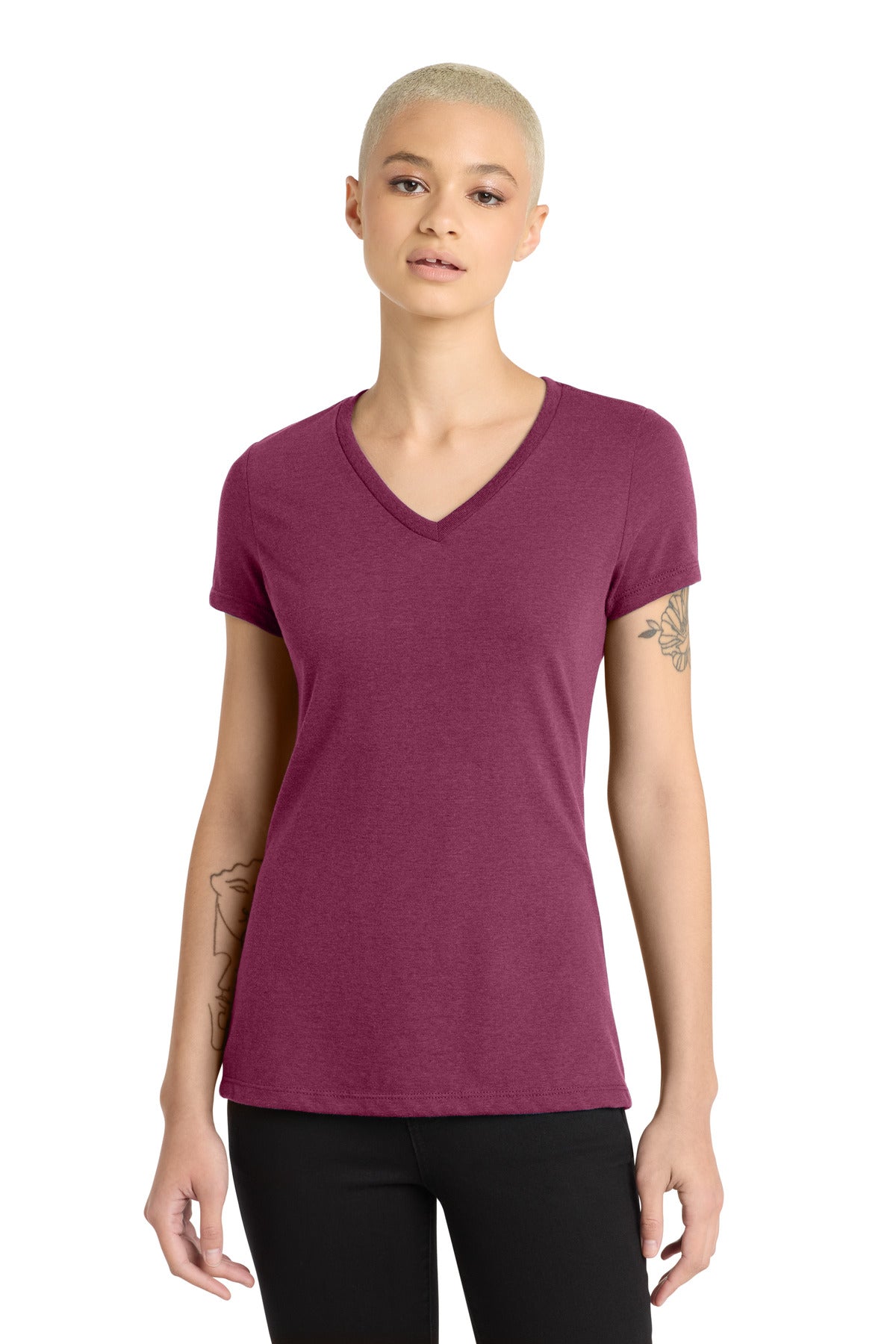 District Women's Perfect Blend CVC V-Neck Tee DM1190L Raspberry Fleck