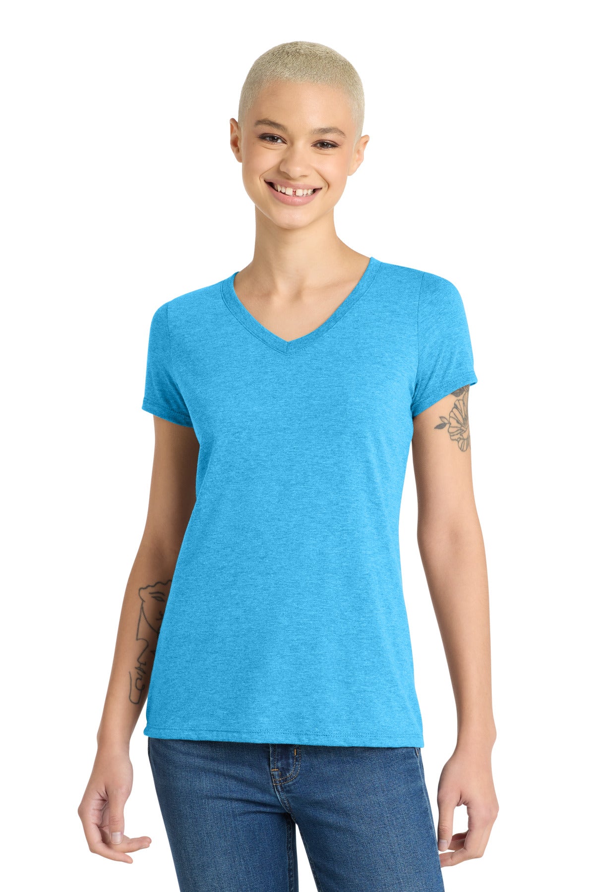 District Women's Perfect Tri V-Neck Tee DM1350L Turquoise Frost