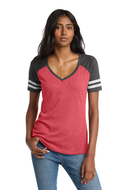 District Women's Game V-Neck Tee DM476 Heathered Red/ Heathered Charcoal
