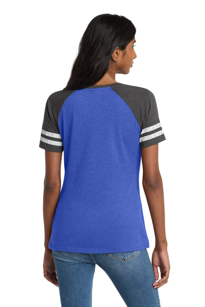 District Women's Game V-Neck Tee DM476 Heathered True Royal/ Heathered Charcoal