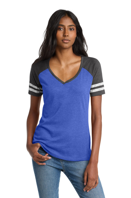 District Women's Game V-Neck Tee DM476 Heathered True Royal/ Heathered Charcoal