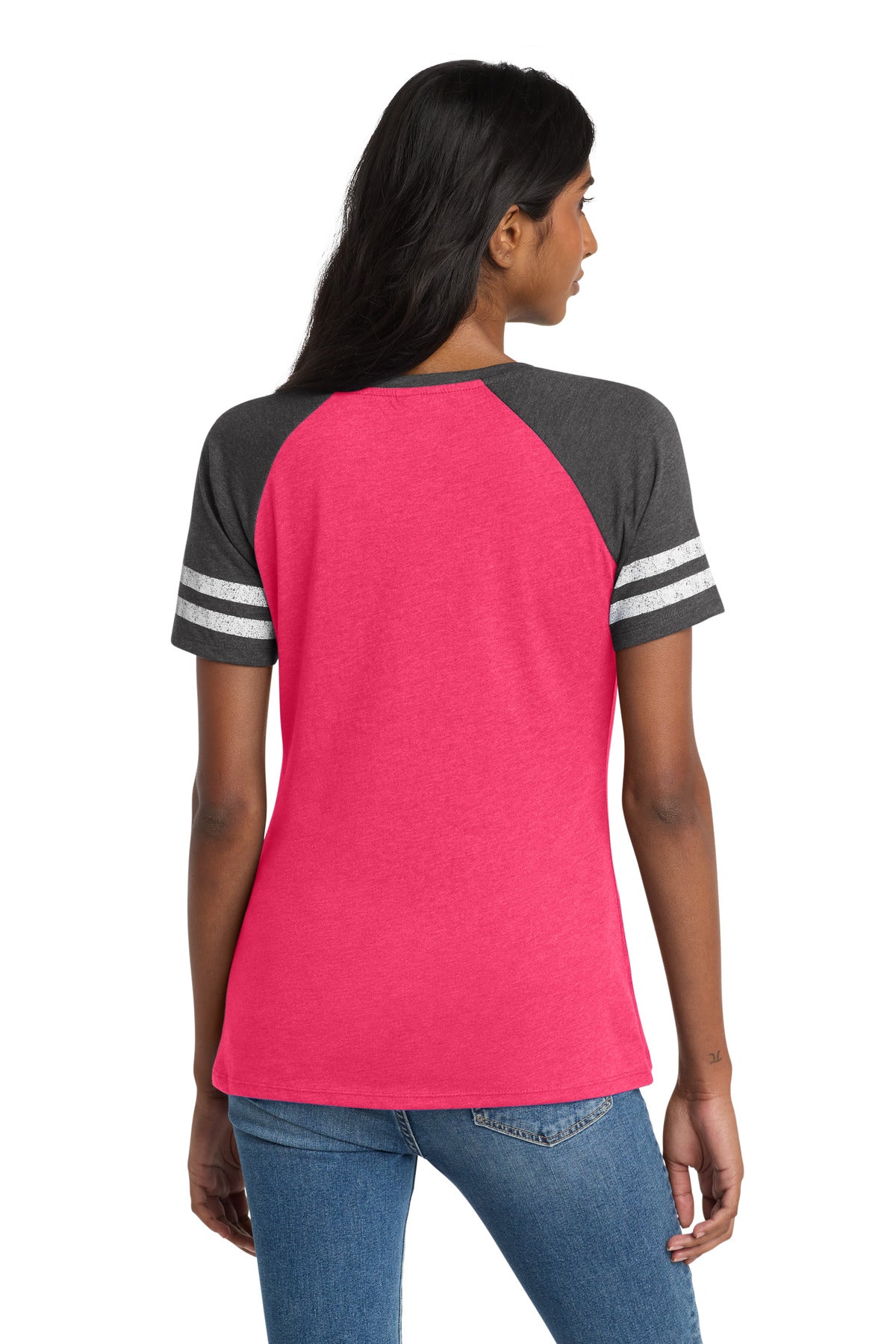 District Women's Game V-Neck Tee DM476 Heathered Watermelon/ Heathered Charcoal
