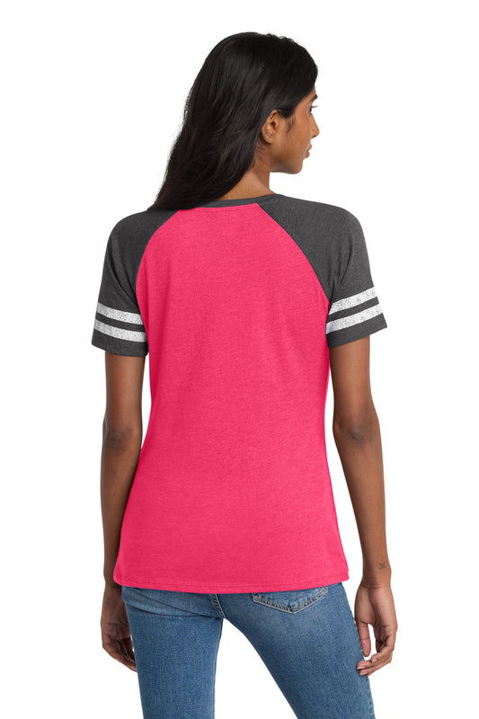 District Women's Game V-Neck Tee DM476 Heathered Watermelon/ Heathered Charcoal