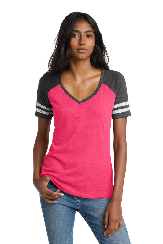 District Women's Game V-Neck Tee DM476 Heathered Watermelon/ Heathered Charcoal