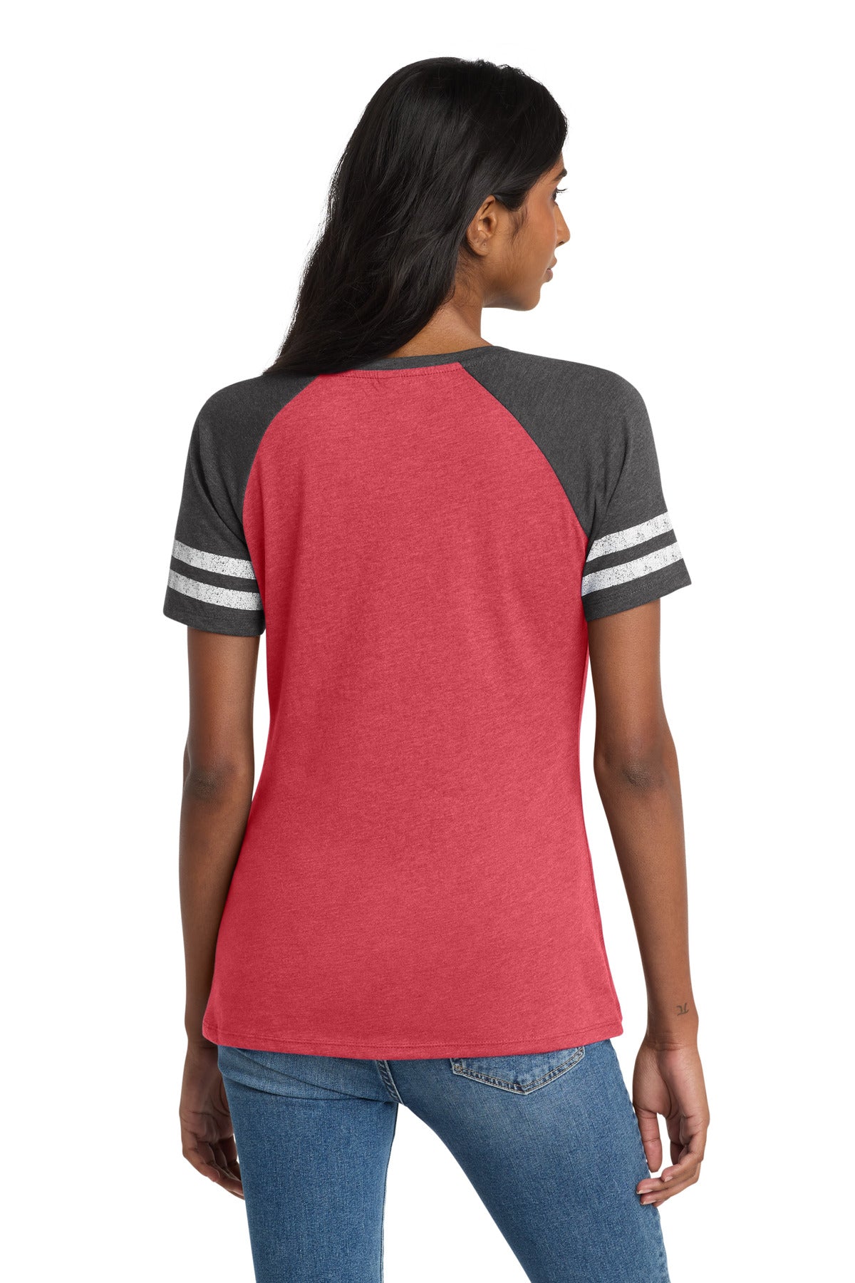 District Women's Game V-Neck Tee DM476 Heathered Red/ Heathered Charcoal
