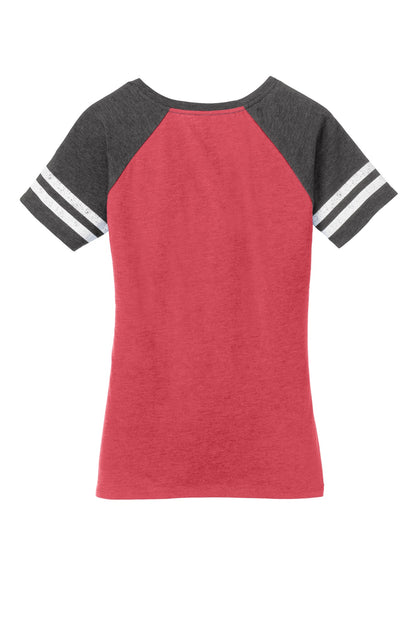 District Women's Game V-Neck Tee DM476 Heathered Red/ Heathered Charcoal