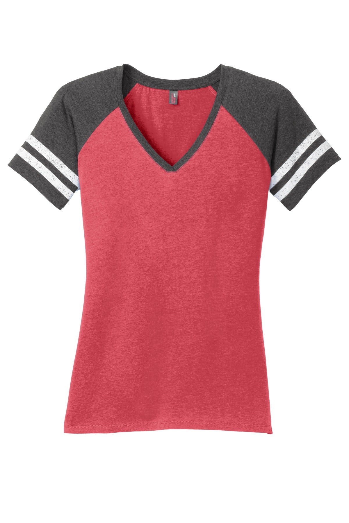 District Women's Game V-Neck Tee DM476 Heathered Red/ Heathered Charcoal