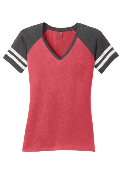 District Women's Game V-Neck Tee DM476 Heathered Red/ Heathered Charcoal