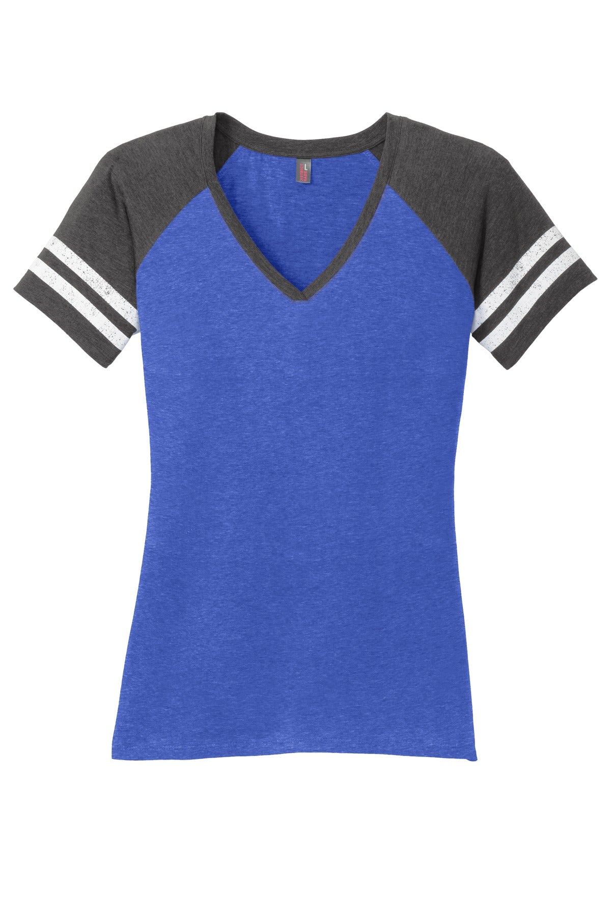 District Women's Game V-Neck Tee DM476 Heathered True Royal/ Heathered Charcoal