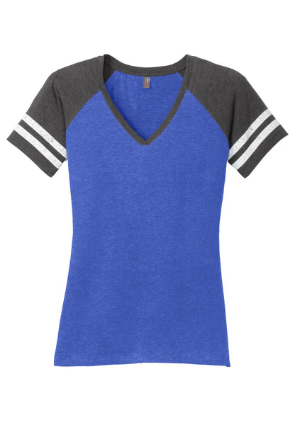 District Women's Game V-Neck Tee DM476 Heathered True Royal/ Heathered Charcoal