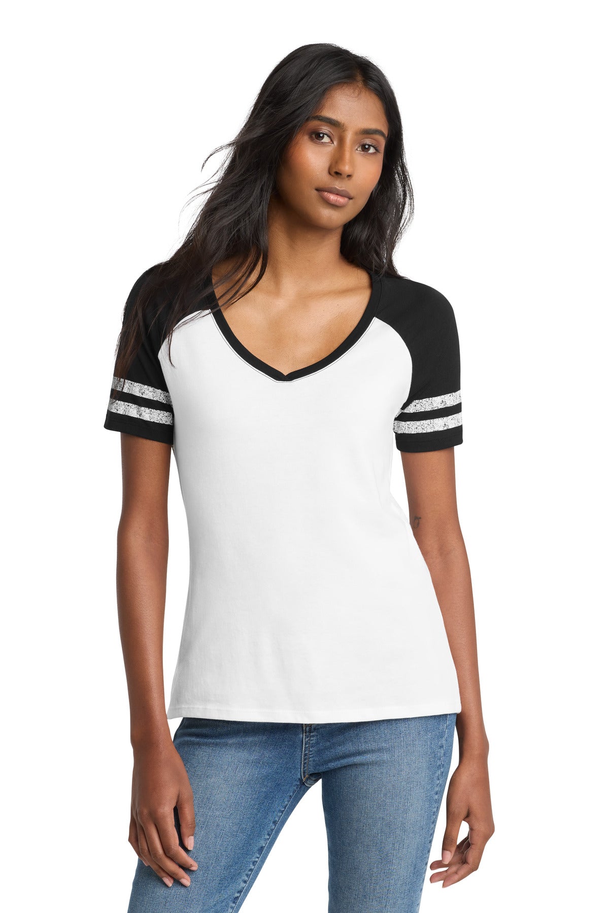 District Women's Game V-Neck Tee DM476 White/ Black