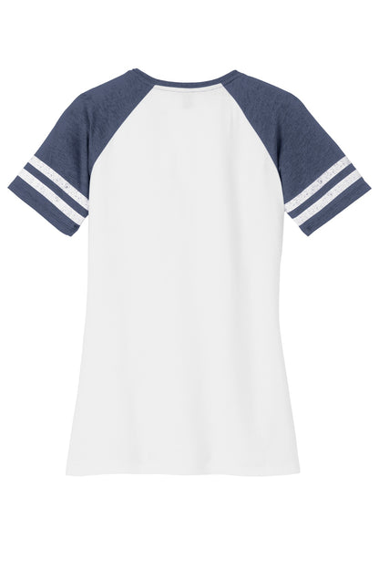 District Women's Game V-Neck Tee DM476 White/ Heathered True Navy