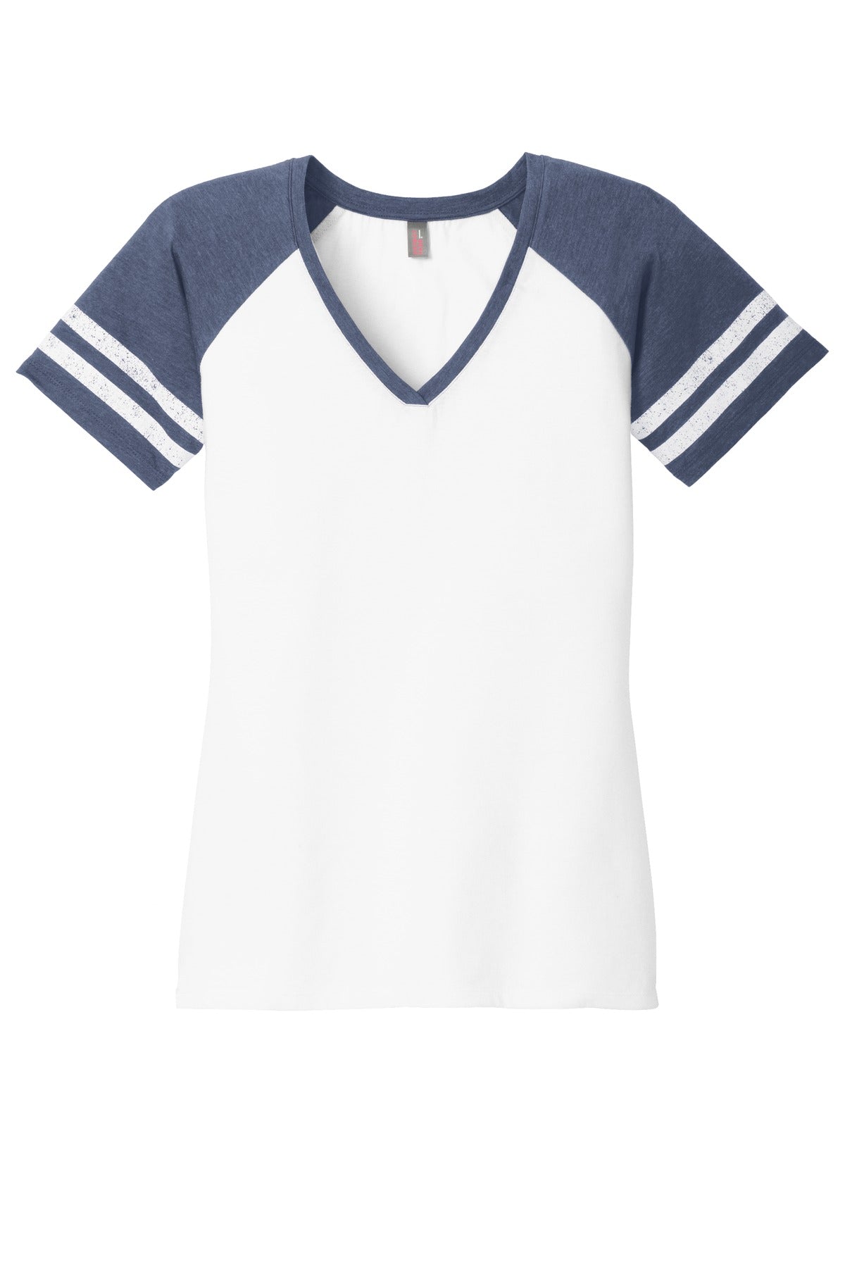 District Women's Game V-Neck Tee DM476 White/ Heathered True Navy