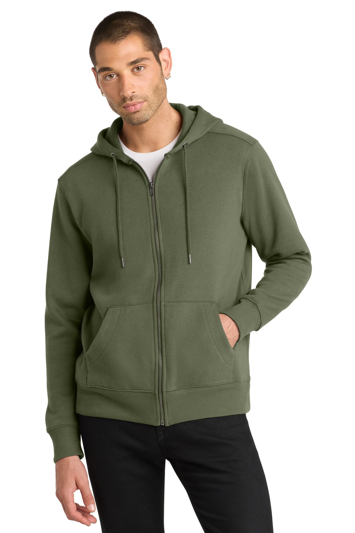 District Perfect Weight Fleece Full-Zip Hoodie DT1103 Military Green