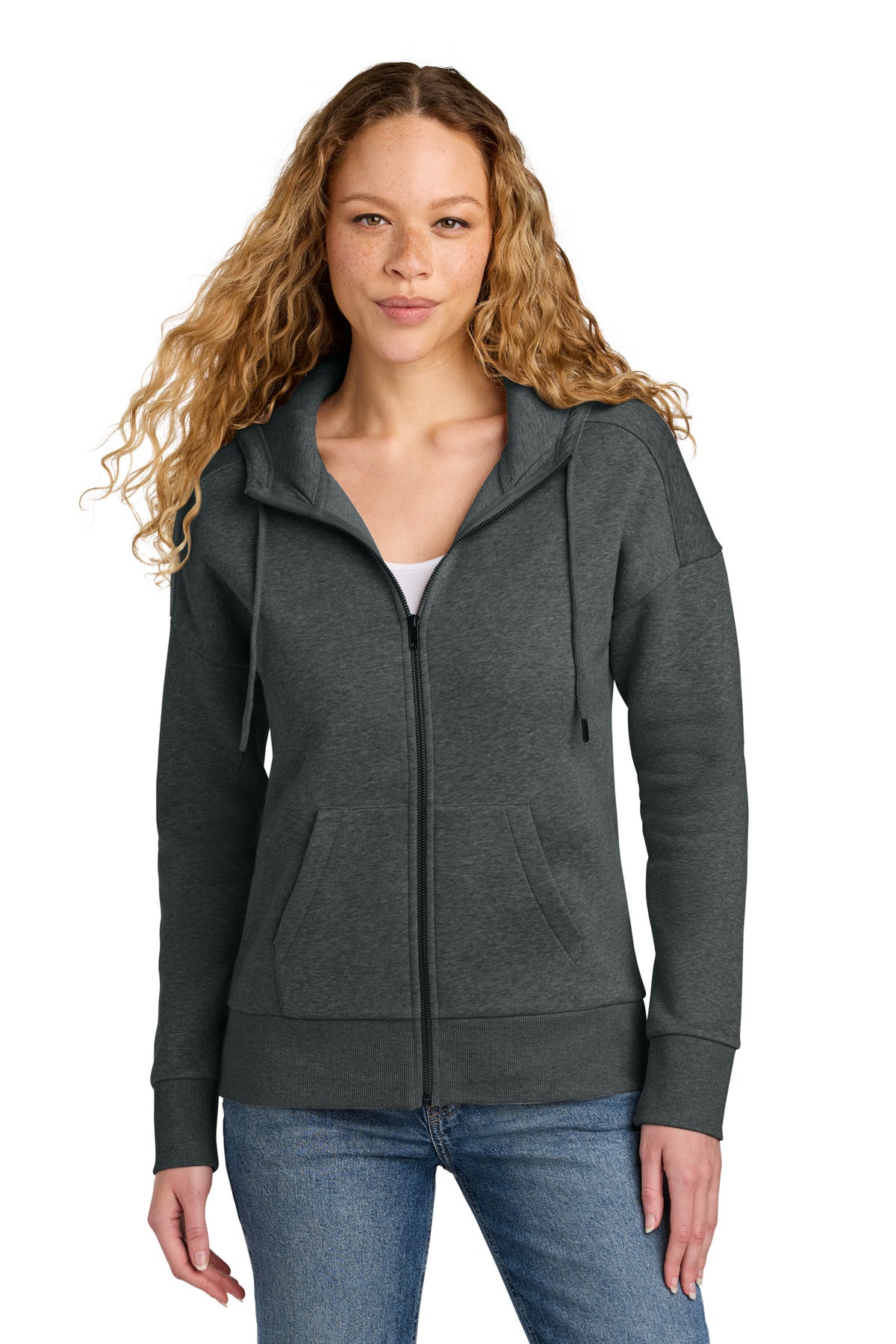District Women's Perfect Weight Fleece Drop Shoulder Full-Zip Hoodie DT1104 Heathered Charcoal